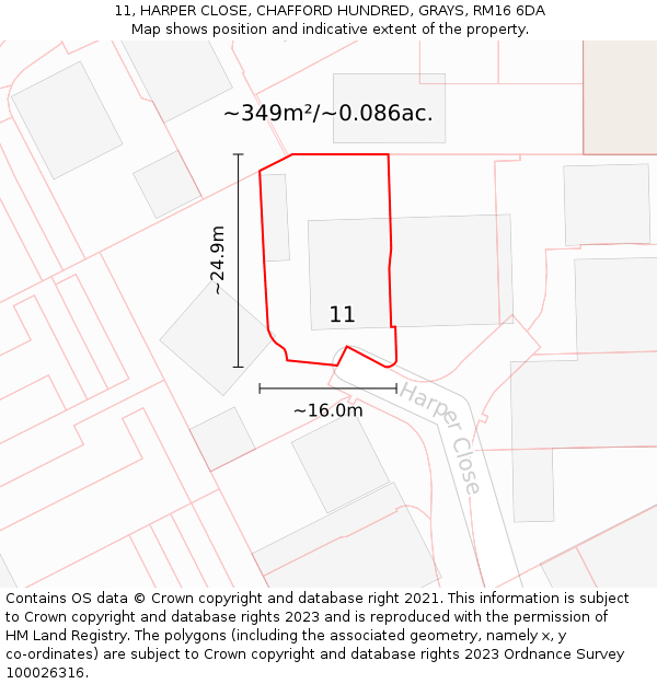 11, HARPER CLOSE, CHAFFORD HUNDRED, GRAYS, RM16 6DA: Plot and title map