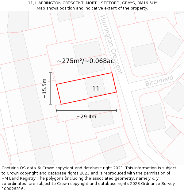 11, HARRINGTON CRESCENT, NORTH STIFFORD, GRAYS, RM16 5UY: Plot and title map