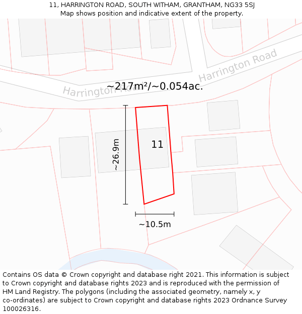 11, HARRINGTON ROAD, SOUTH WITHAM, GRANTHAM, NG33 5SJ: Plot and title map