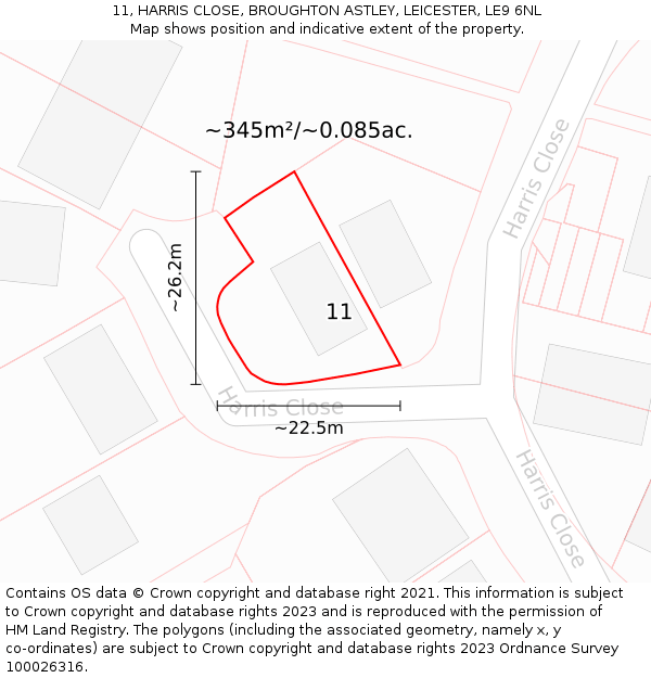 11, HARRIS CLOSE, BROUGHTON ASTLEY, LEICESTER, LE9 6NL: Plot and title map