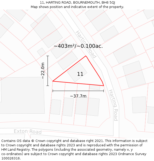 11, HARTING ROAD, BOURNEMOUTH, BH6 5QJ: Plot and title map