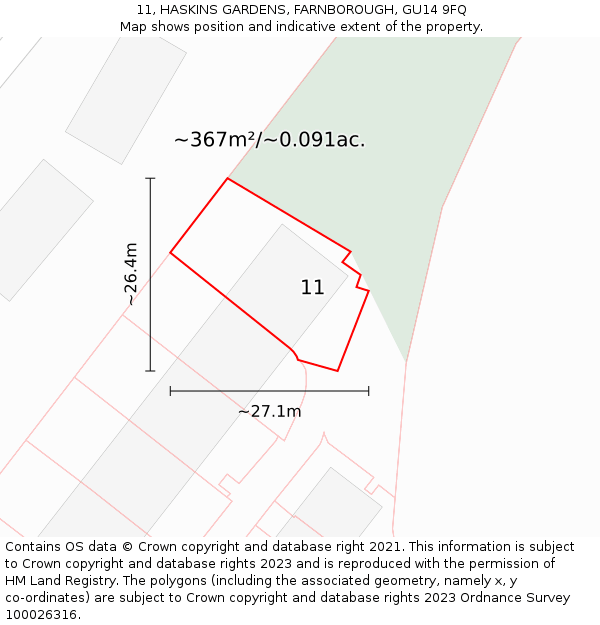 11, HASKINS GARDENS, FARNBOROUGH, GU14 9FQ: Plot and title map