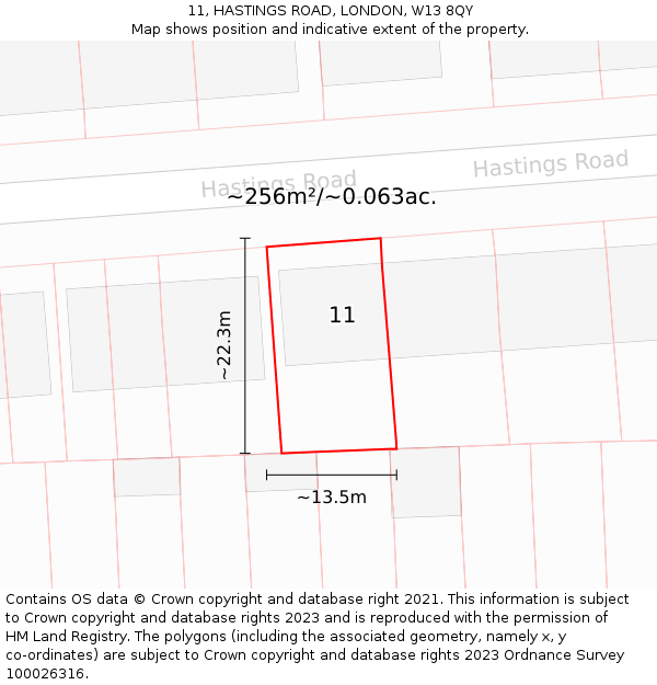 11, HASTINGS ROAD, LONDON, W13 8QY: Plot and title map