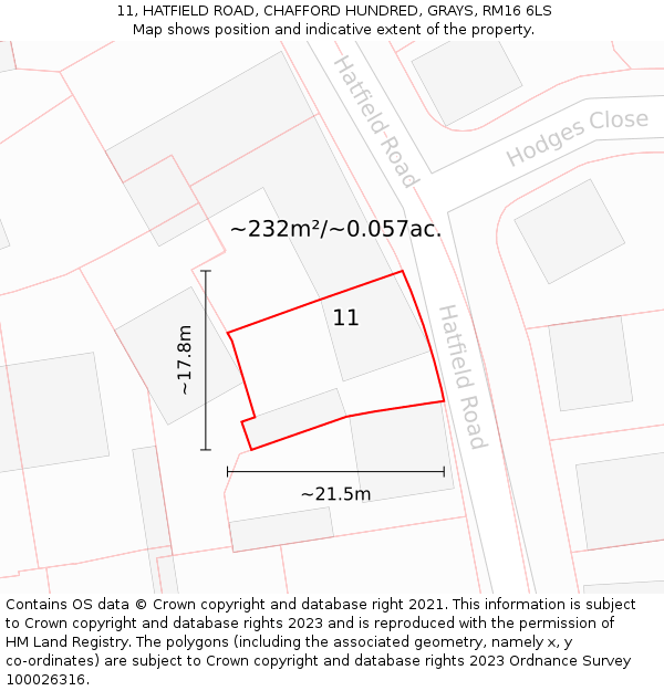 11, HATFIELD ROAD, CHAFFORD HUNDRED, GRAYS, RM16 6LS: Plot and title map