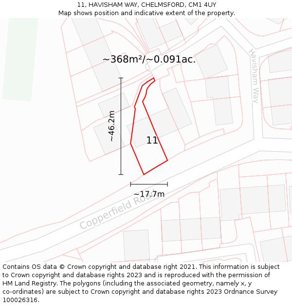 11, HAVISHAM WAY, CHELMSFORD, CM1 4UY: Plot and title map