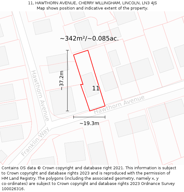 11, HAWTHORN AVENUE, CHERRY WILLINGHAM, LINCOLN, LN3 4JS: Plot and title map