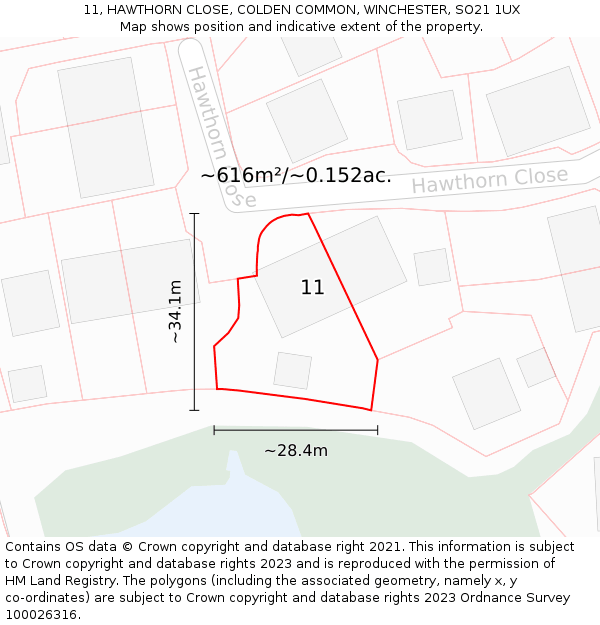 11, HAWTHORN CLOSE, COLDEN COMMON, WINCHESTER, SO21 1UX: Plot and title map