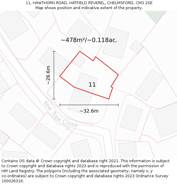 11, HAWTHORN ROAD, HATFIELD PEVEREL, CHELMSFORD, CM3 2SE: Plot and title map