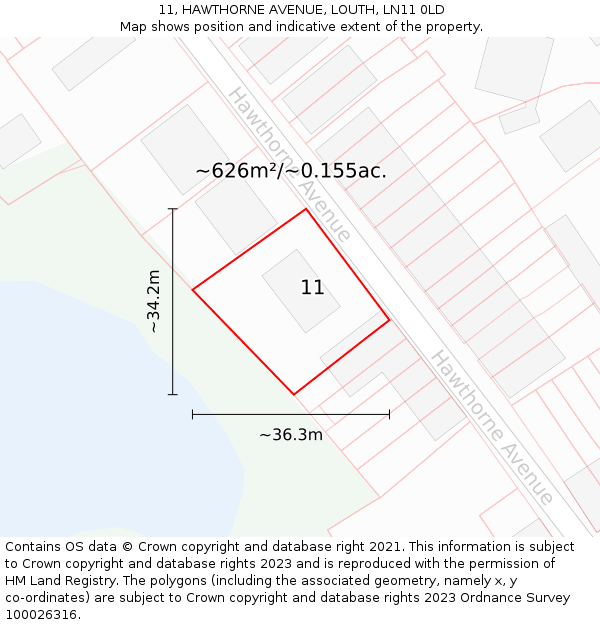 11, HAWTHORNE AVENUE, LOUTH, LN11 0LD: Plot and title map