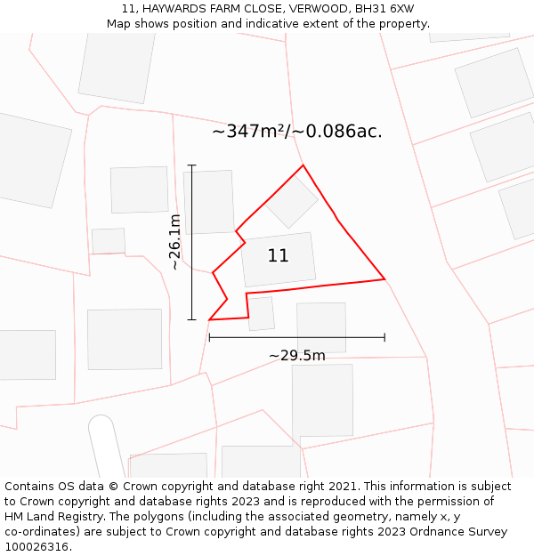 11, HAYWARDS FARM CLOSE, VERWOOD, BH31 6XW: Plot and title map