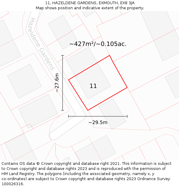 11, HAZELDENE GARDENS, EXMOUTH, EX8 3JA: Plot and title map