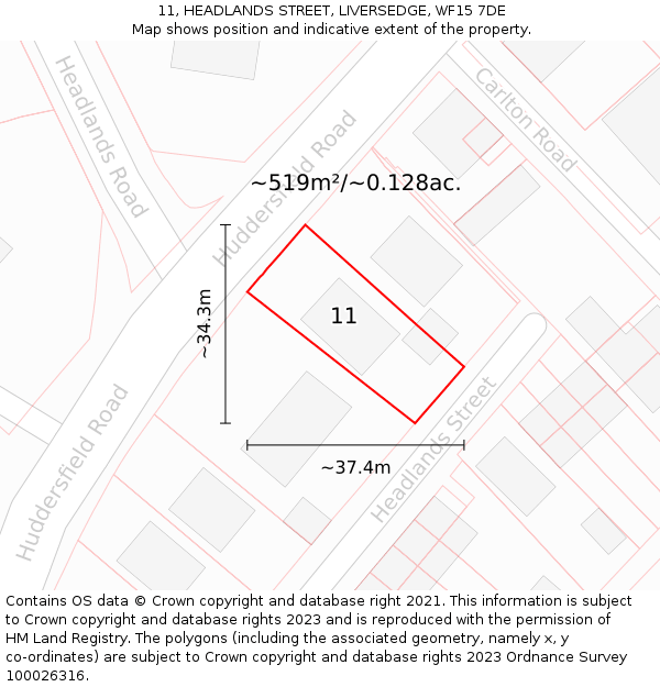 11, HEADLANDS STREET, LIVERSEDGE, WF15 7DE: Plot and title map