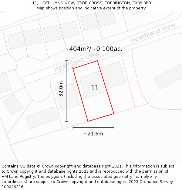 11, HEATHLAND VIEW, STIBB CROSS, TORRINGTON, EX38 8RB: Plot and title map