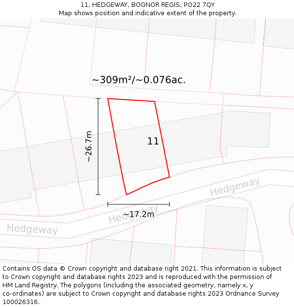 11, HEDGEWAY, BOGNOR REGIS, PO22 7QY: Plot and title map