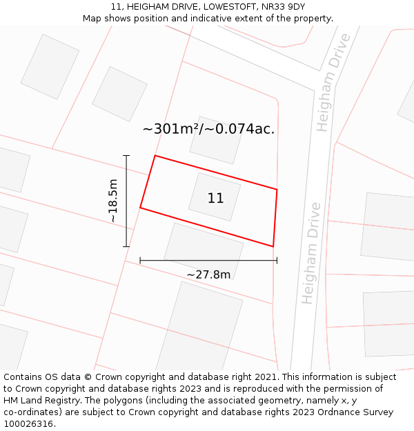 11, HEIGHAM DRIVE, LOWESTOFT, NR33 9DY: Plot and title map