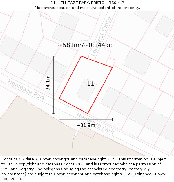 11, HENLEAZE PARK, BRISTOL, BS9 4LR: Plot and title map