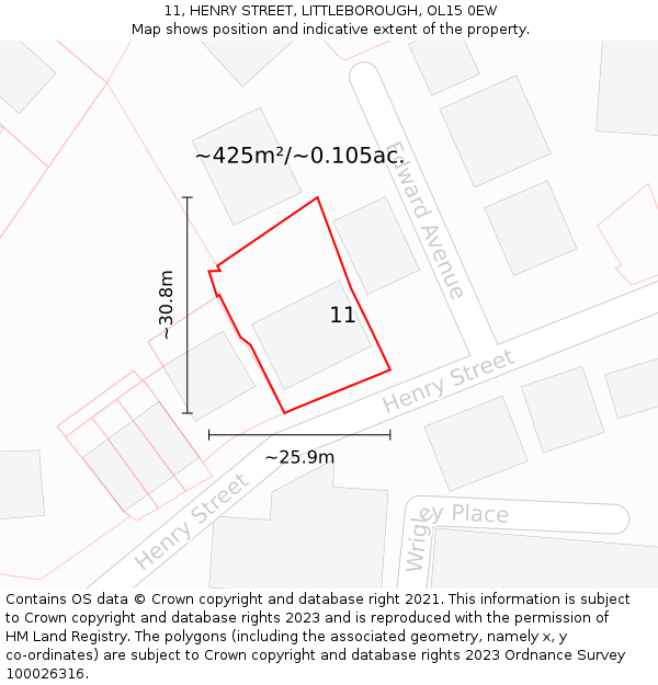 11, HENRY STREET, LITTLEBOROUGH, OL15 0EW: Plot and title map