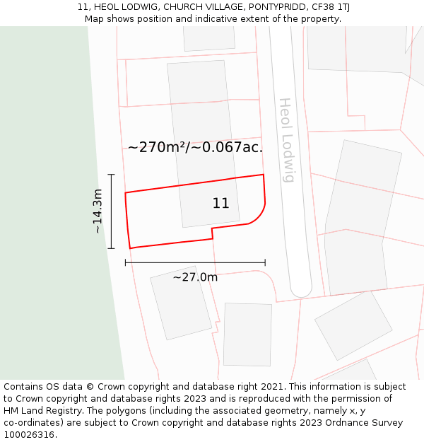 11, HEOL LODWIG, CHURCH VILLAGE, PONTYPRIDD, CF38 1TJ: Plot and title map