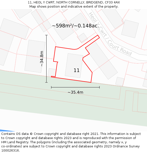 11, HEOL Y CWRT, NORTH CORNELLY, BRIDGEND, CF33 4AX: Plot and title map