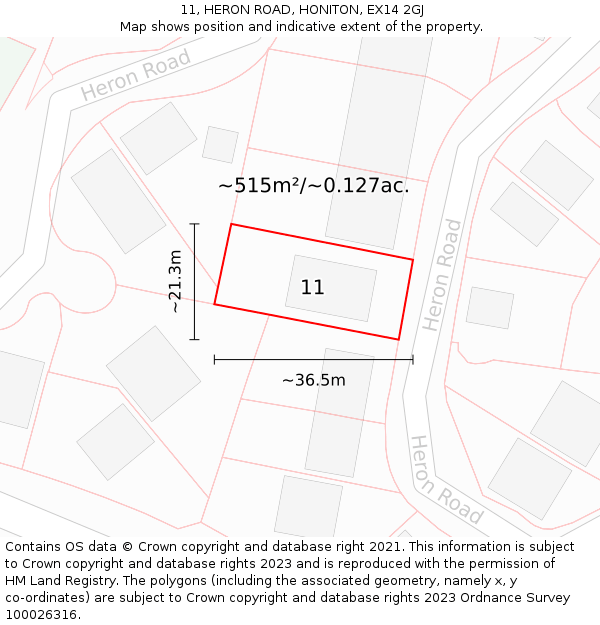 11, HERON ROAD, HONITON, EX14 2GJ: Plot and title map