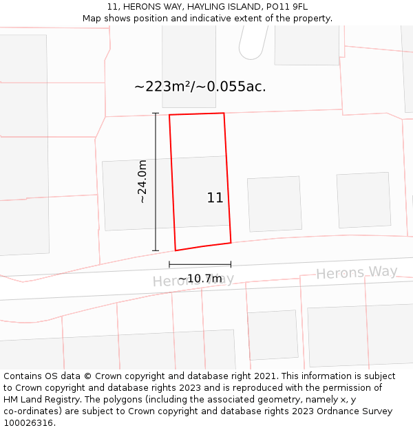 11, HERONS WAY, HAYLING ISLAND, PO11 9FL: Plot and title map