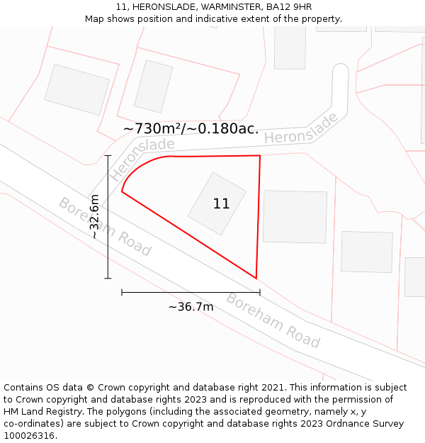 11, HERONSLADE, WARMINSTER, BA12 9HR: Plot and title map