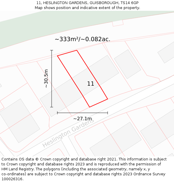 11, HESLINGTON GARDENS, GUISBOROUGH, TS14 6GP: Plot and title map