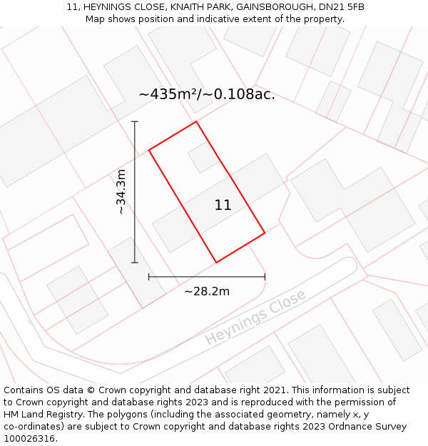 11, HEYNINGS CLOSE, KNAITH PARK, GAINSBOROUGH, DN21 5FB: Plot and title map