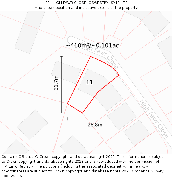 11, HIGH FAWR CLOSE, OSWESTRY, SY11 1TE: Plot and title map