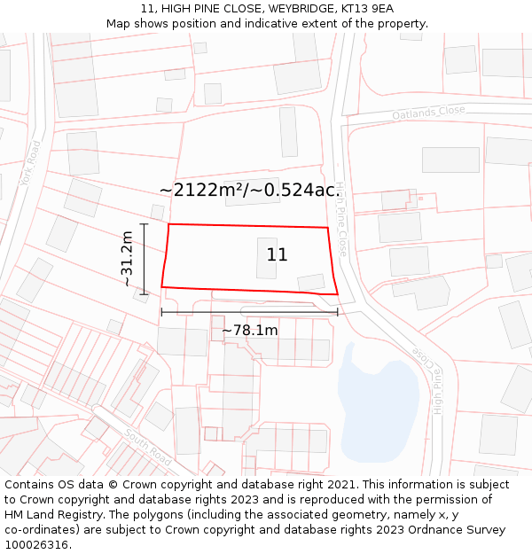 11, HIGH PINE CLOSE, WEYBRIDGE, KT13 9EA: Plot and title map