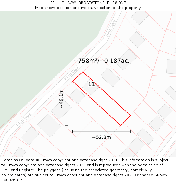 11, HIGH WAY, BROADSTONE, BH18 9NB: Plot and title map