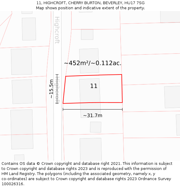 11, HIGHCROFT, CHERRY BURTON, BEVERLEY, HU17 7SG: Plot and title map