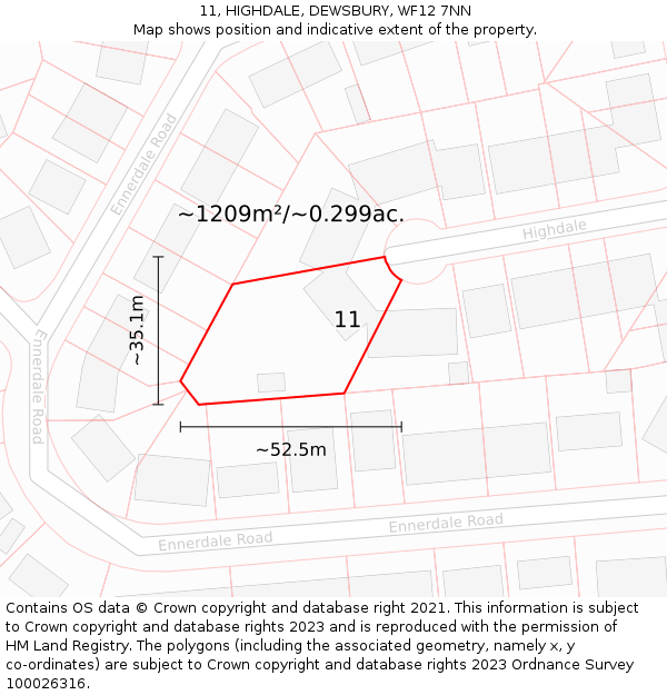 11, HIGHDALE, DEWSBURY, WF12 7NN: Plot and title map