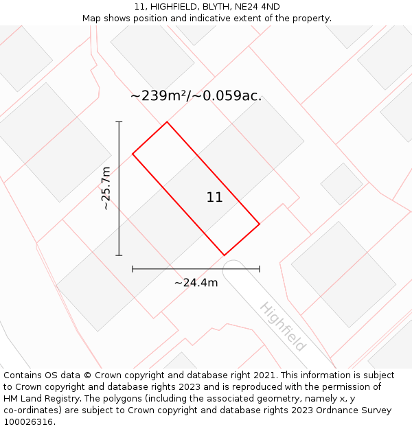 11, HIGHFIELD, BLYTH, NE24 4ND: Plot and title map