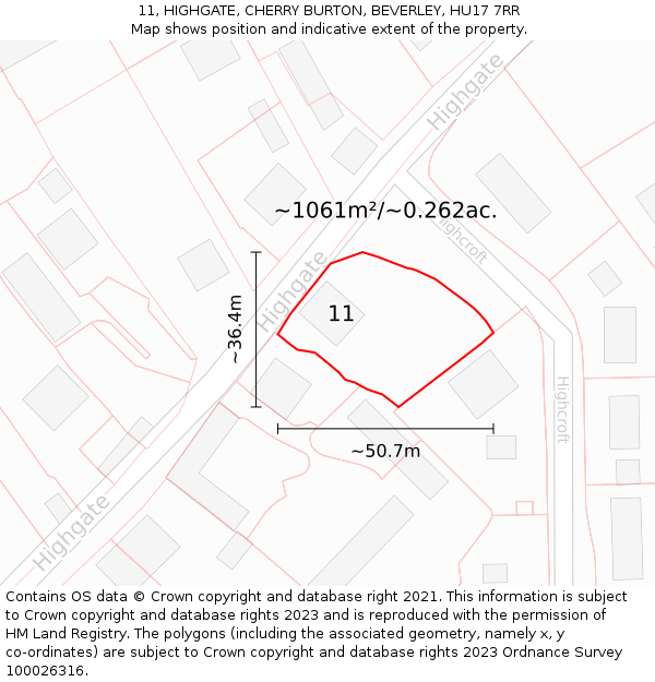 11, HIGHGATE, CHERRY BURTON, BEVERLEY, HU17 7RR: Plot and title map