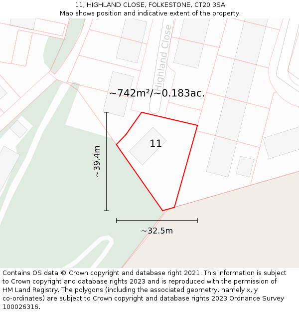 11, HIGHLAND CLOSE, FOLKESTONE, CT20 3SA: Plot and title map