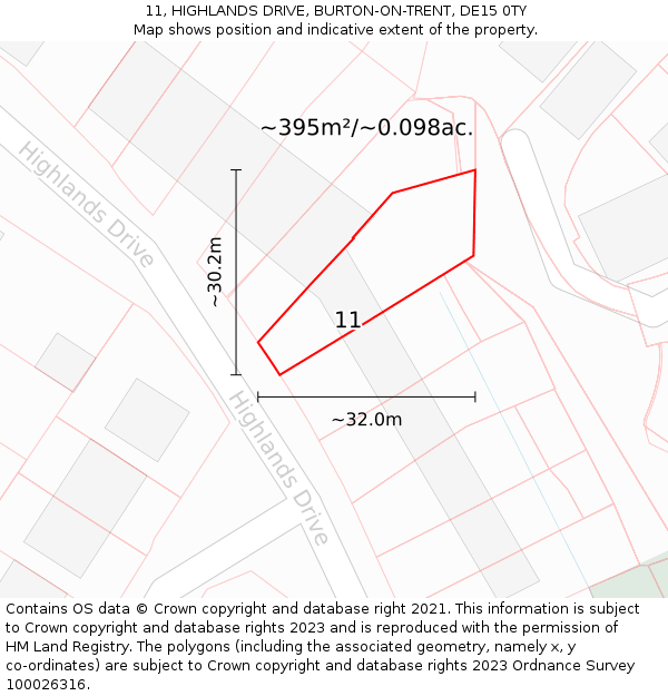 11, HIGHLANDS DRIVE, BURTON-ON-TRENT, DE15 0TY: Plot and title map