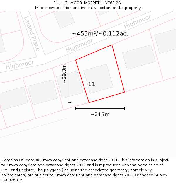 11, HIGHMOOR, MORPETH, NE61 2AL: Plot and title map