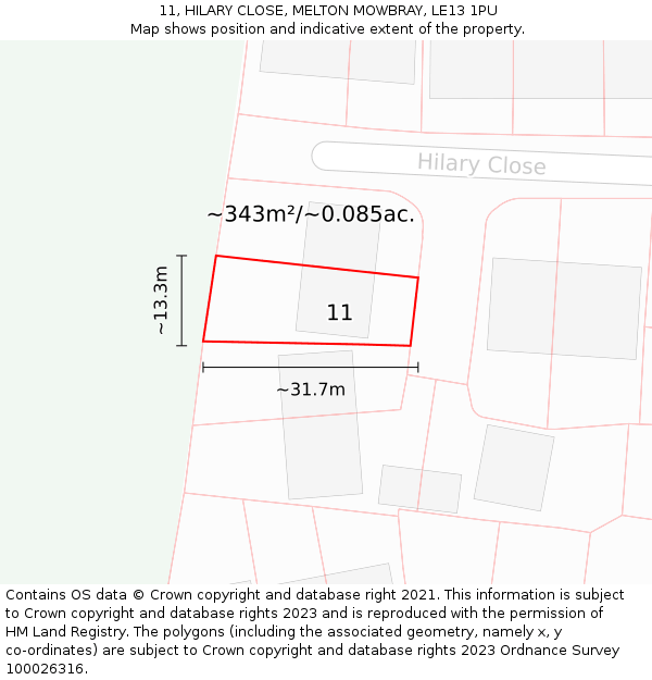 11, HILARY CLOSE, MELTON MOWBRAY, LE13 1PU: Plot and title map