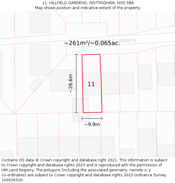 11, HILLFIELD GARDENS, NOTTINGHAM, NG5 5BA: Plot and title map