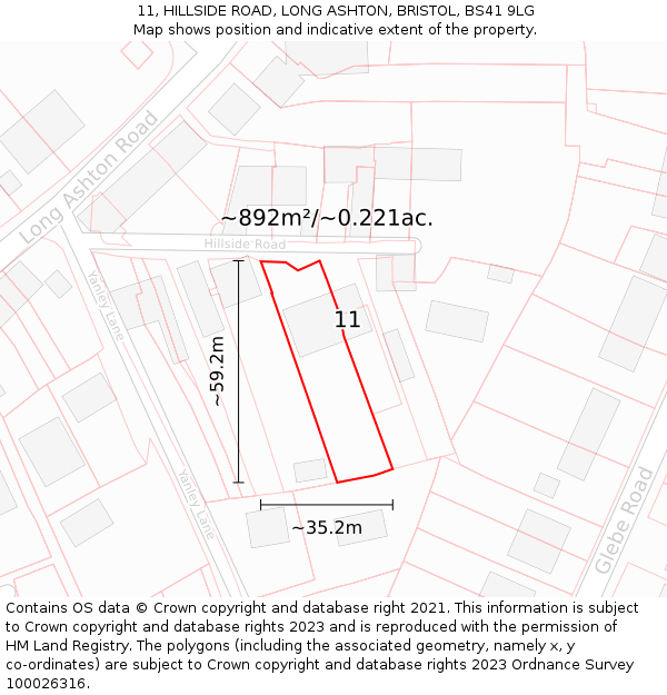 11, HILLSIDE ROAD, LONG ASHTON, BRISTOL, BS41 9LG: Plot and title map