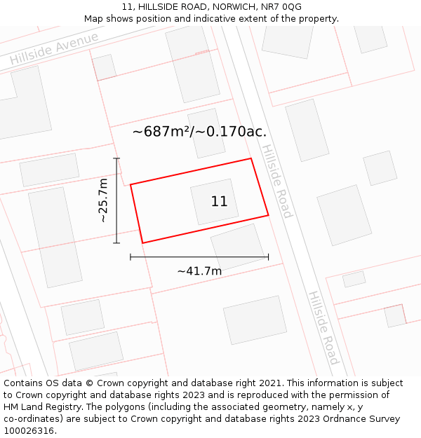 11, HILLSIDE ROAD, NORWICH, NR7 0QG: Plot and title map