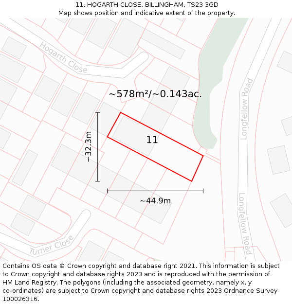 11, HOGARTH CLOSE, BILLINGHAM, TS23 3GD: Plot and title map