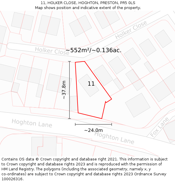 11, HOLKER CLOSE, HOGHTON, PRESTON, PR5 0LS: Plot and title map