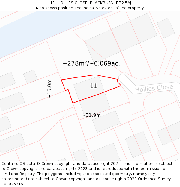 11, HOLLIES CLOSE, BLACKBURN, BB2 5AJ: Plot and title map