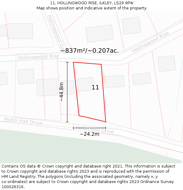 11, HOLLINGWOOD RISE, ILKLEY, LS29 9PW: Plot and title map