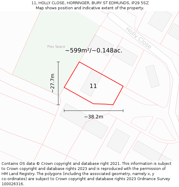 11, HOLLY CLOSE, HORRINGER, BURY ST EDMUNDS, IP29 5SZ: Plot and title map