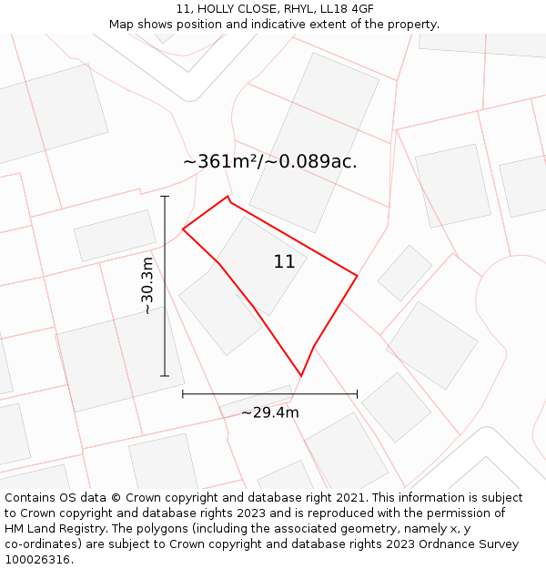 11, HOLLY CLOSE, RHYL, LL18 4GF: Plot and title map