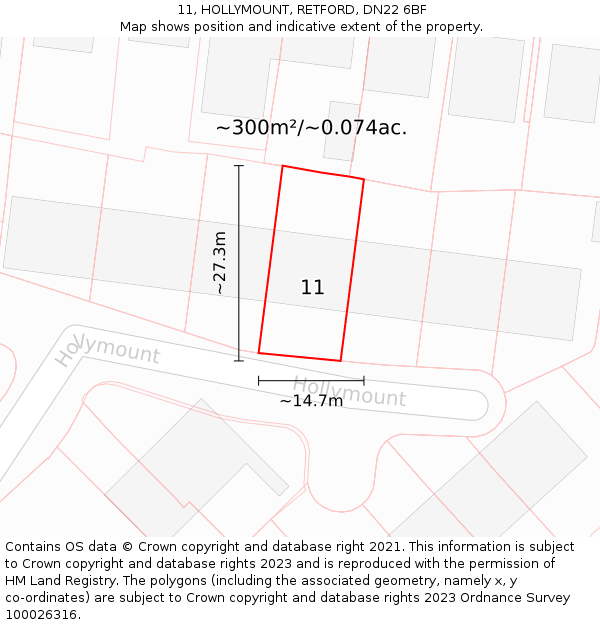 11, HOLLYMOUNT, RETFORD, DN22 6BF: Plot and title map