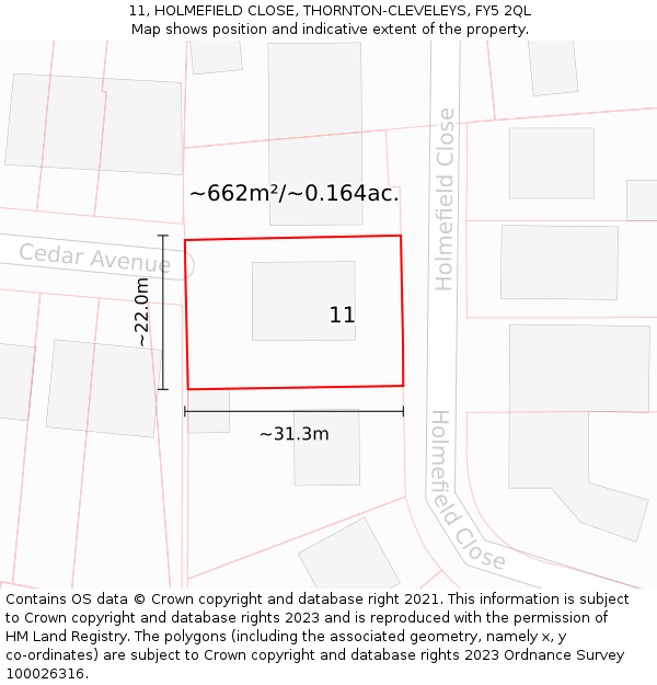 11, HOLMEFIELD CLOSE, THORNTON-CLEVELEYS, FY5 2QL: Plot and title map